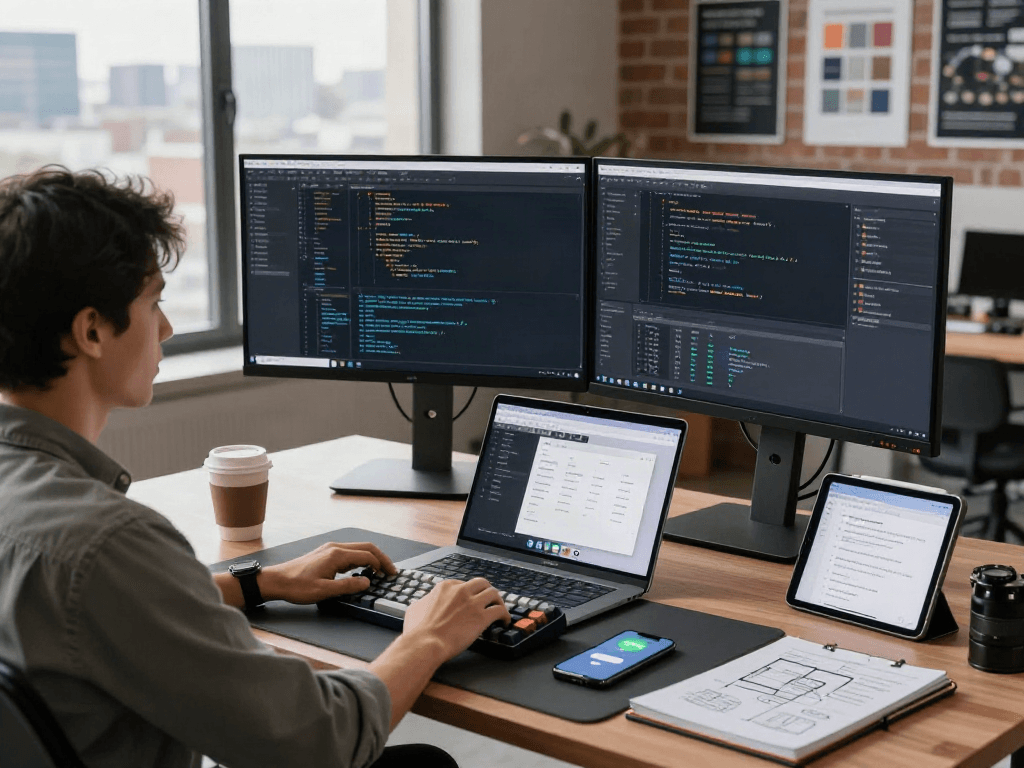 Développeur dans un environnement de travail moderne avec Atlas pro, écrans affichant du code et des outils de conception.