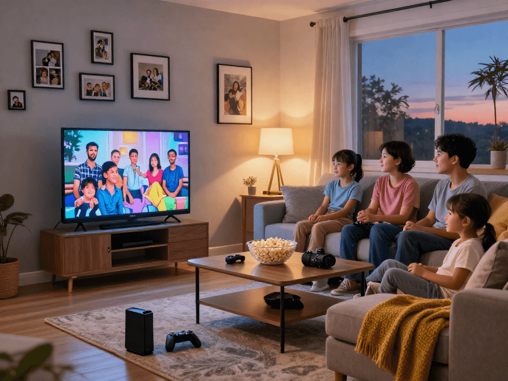 Famille rassemblée dans un salon moderne avec un Iron TV, soirée cinéma joyeuse.