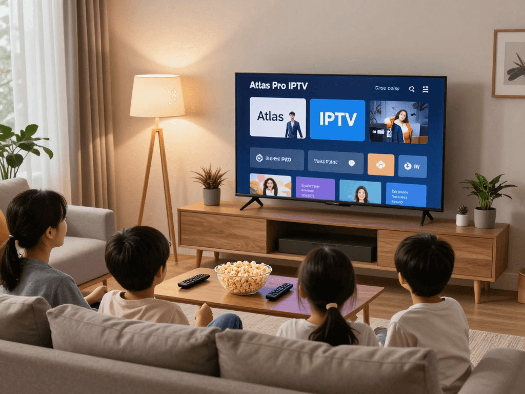 Expérience de divertissement familial avec atlas pro iptv dans un salon moderne.