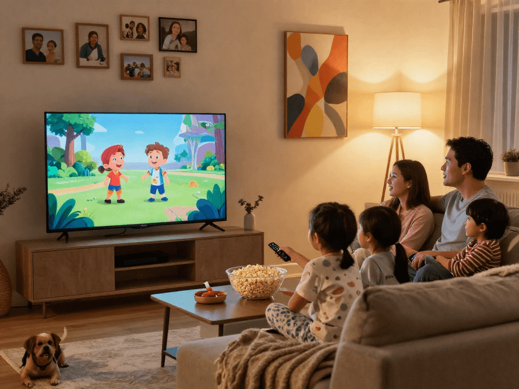 Family enjoying movie night with Iron TV in modern living room