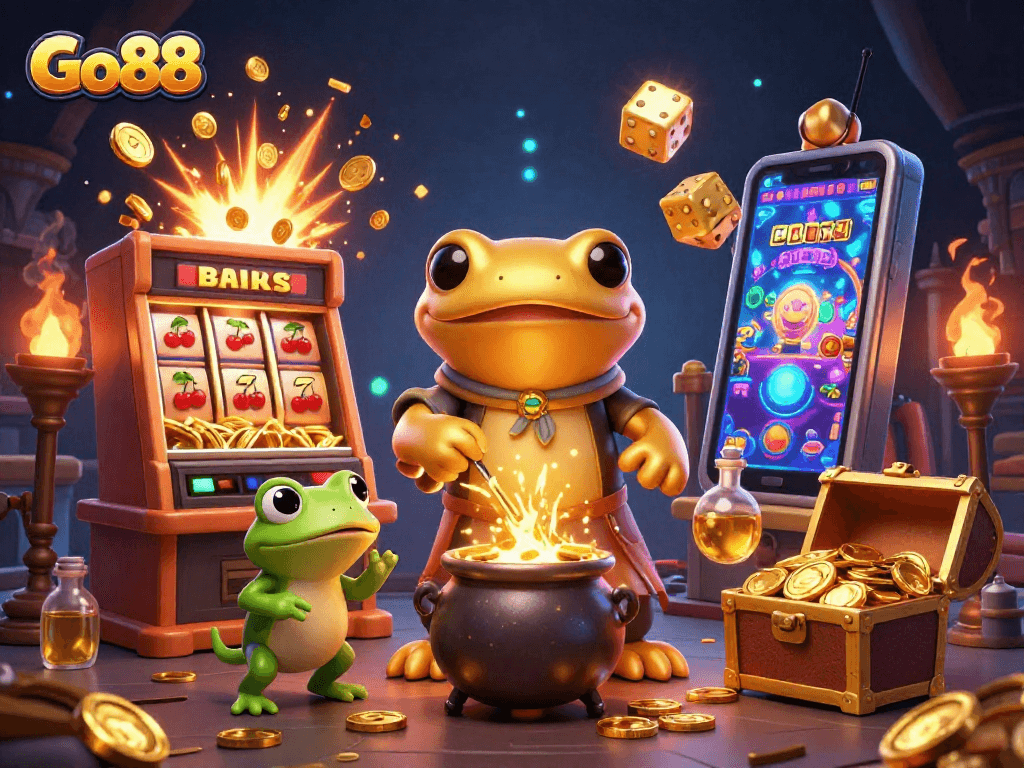 Experience the magic of Go88 as golden coins explode from a jackpot slot machine in a dynamic casino scene.