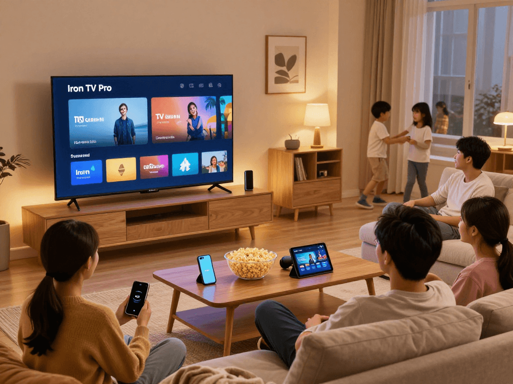 Expérience de visionnage avec Iron tv pro dans un salon moderne.