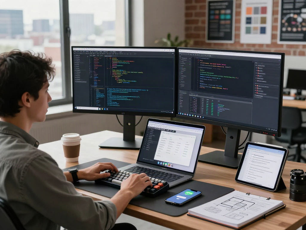 Développeur dans un environnement de travail moderne avec Atlas pro, écrans affichant du code et des outils de conception.