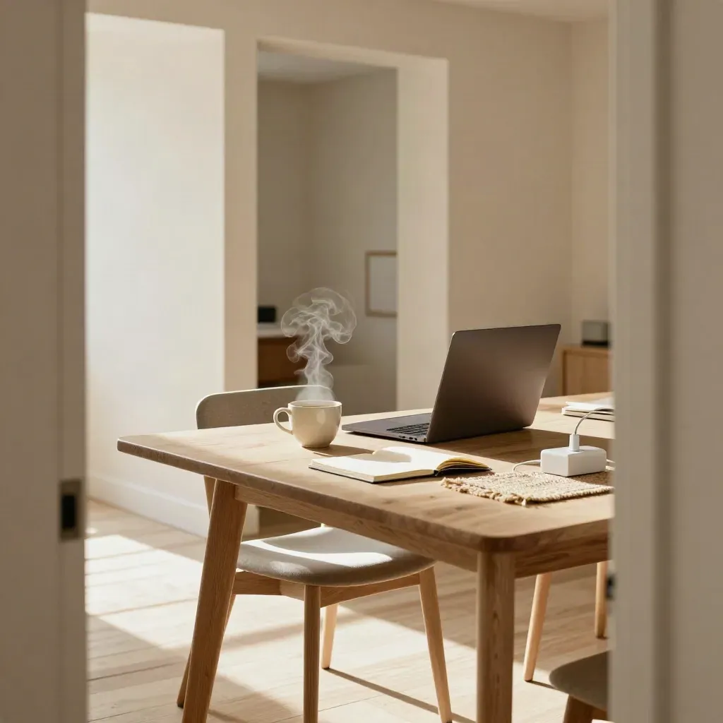 Bureau de télétravail dans une salle à manger, tasse fumante et ordinateur entrouvert.