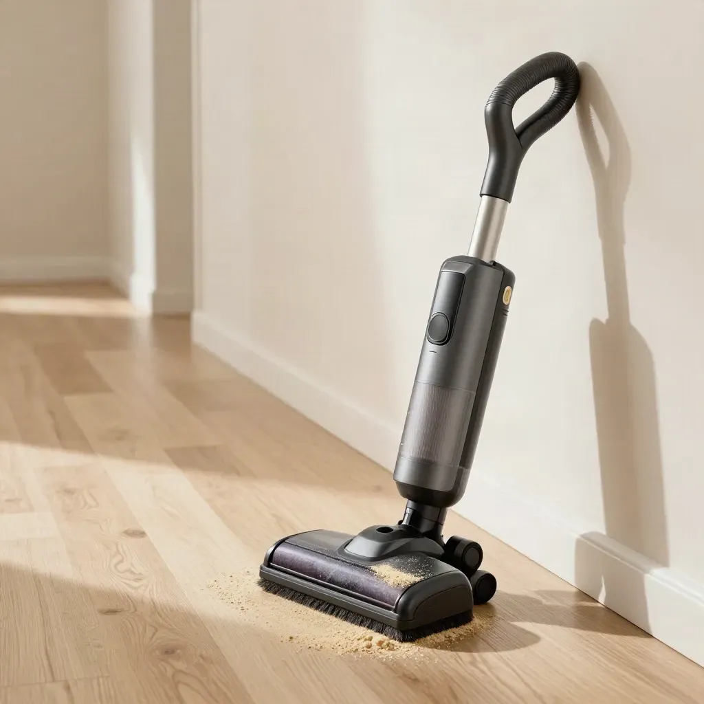 Aspirateur sans fil gris graphite dans un couloir lumineux, poussière en suspension.