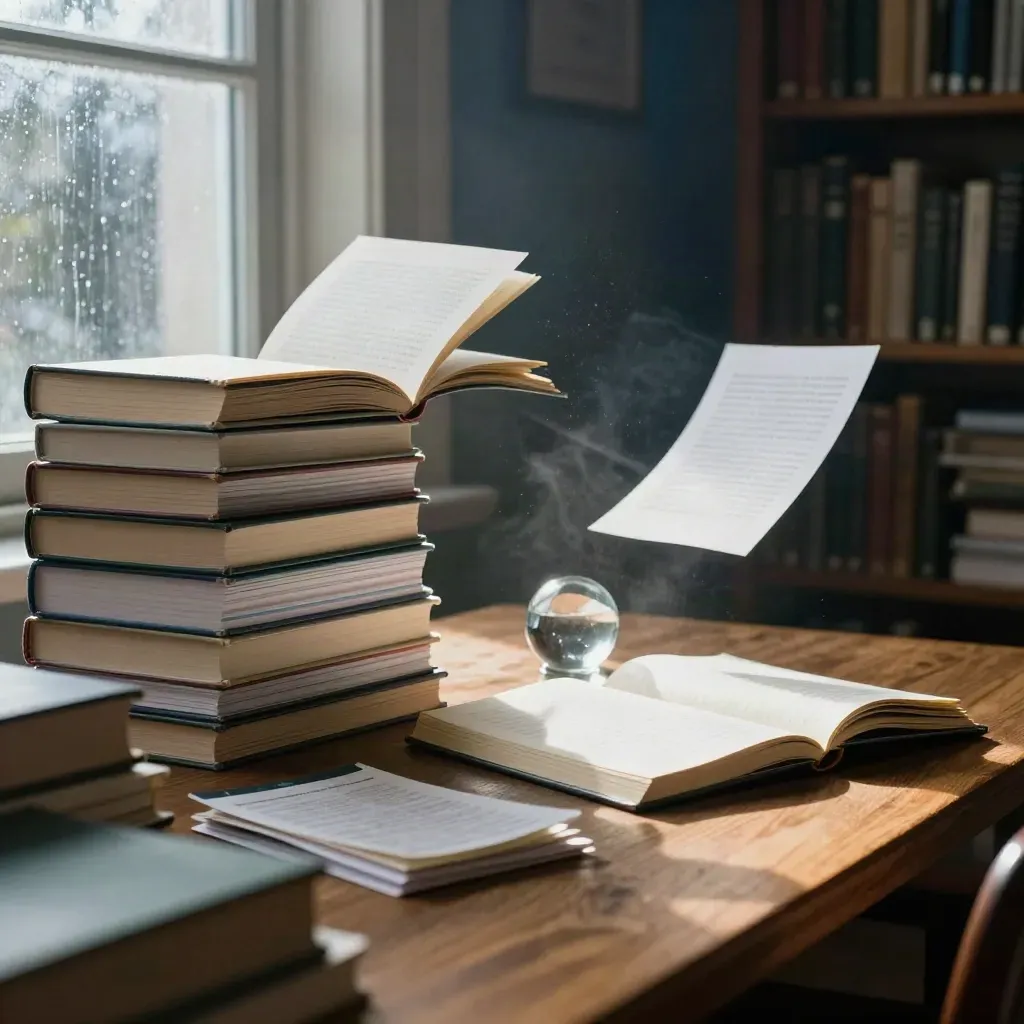 Pile de livres de référence ivoire, carnet, fiches et presse-papier près d’une fenêtre après la pluie.