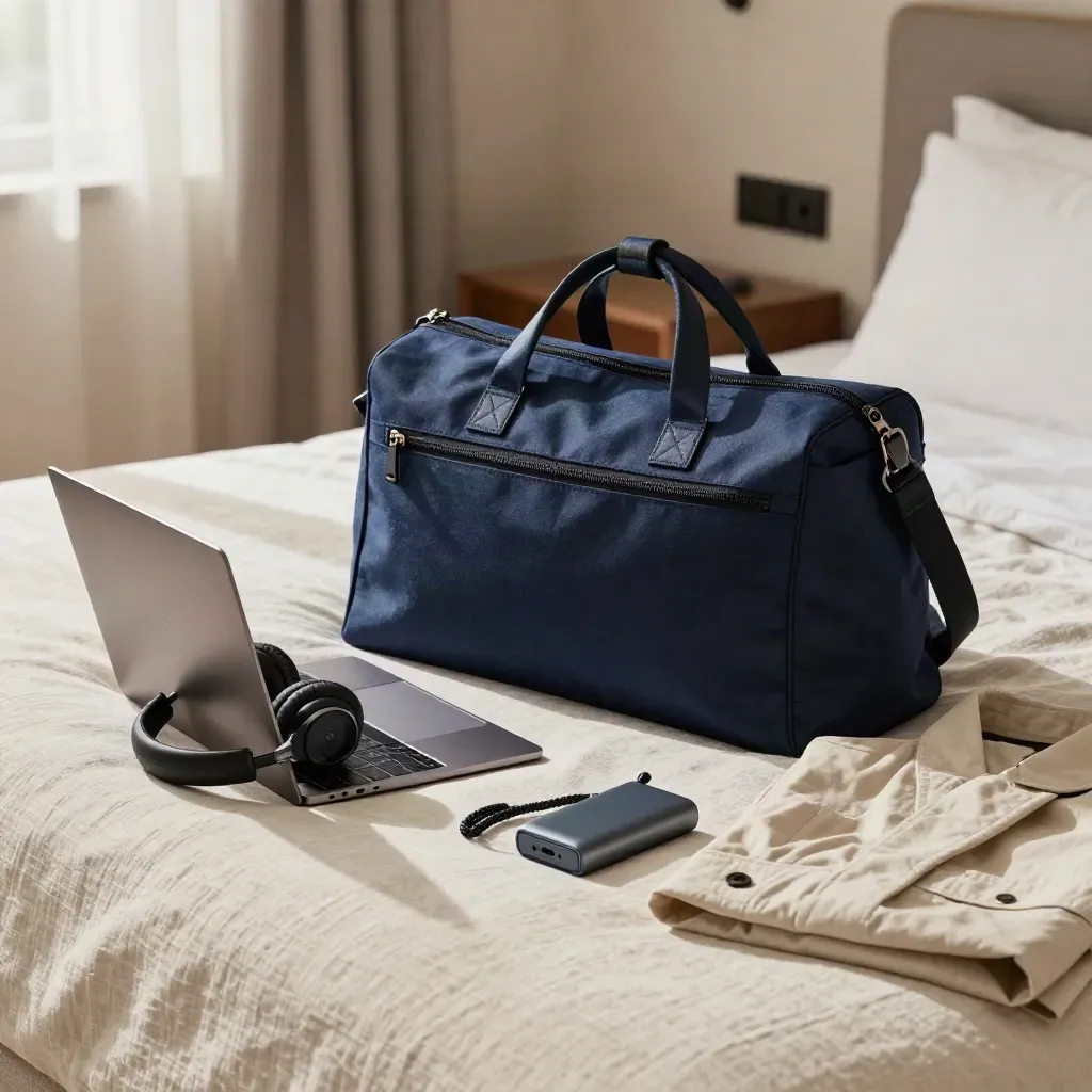 Sac de week-end ouvert sur un lit d’hôtel, PC, casque, batterie et câble prêts avant un court départ.