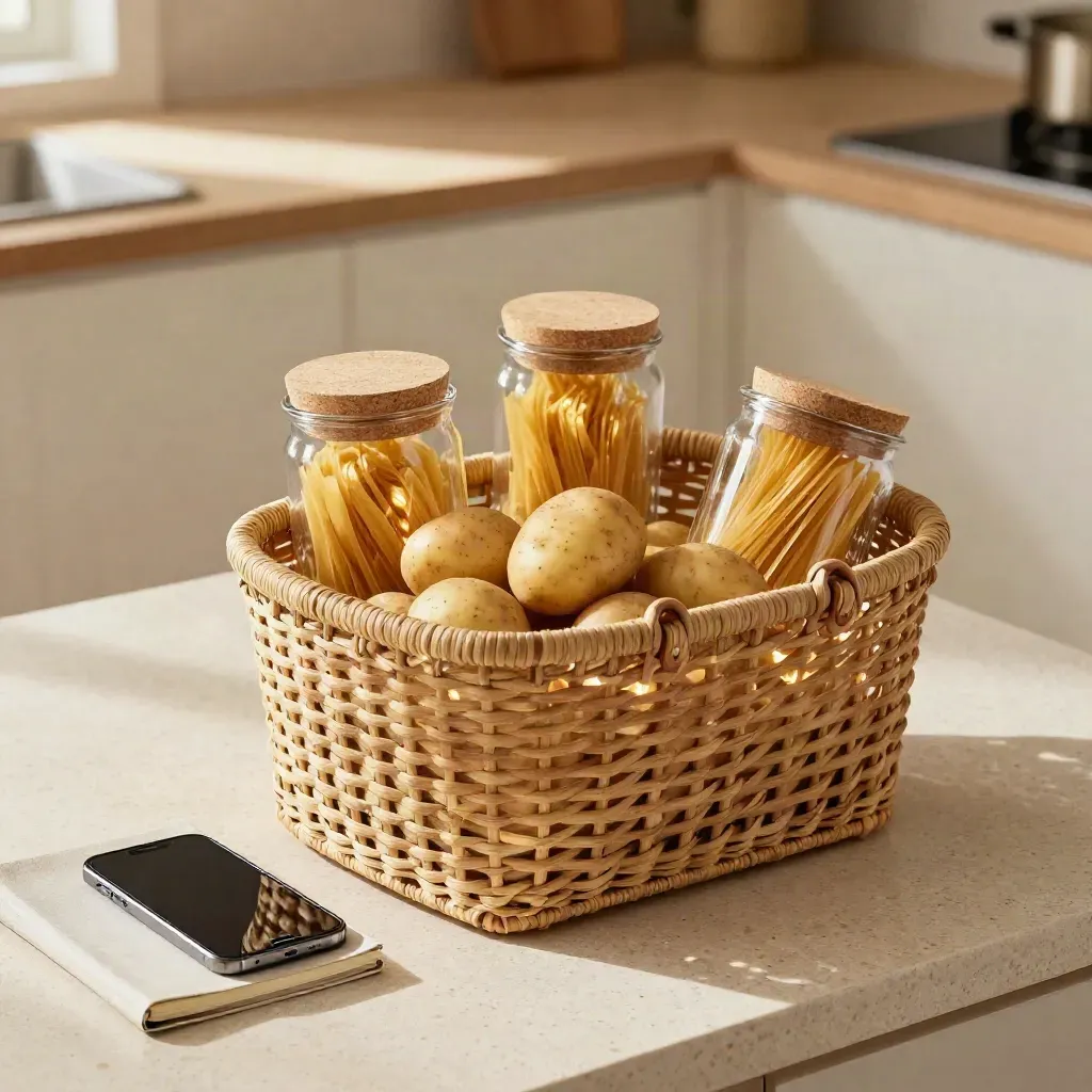 Panier de courses, pommes de terre, bocaux de pâtes et téléphone retourné sur travertin lumineux.
