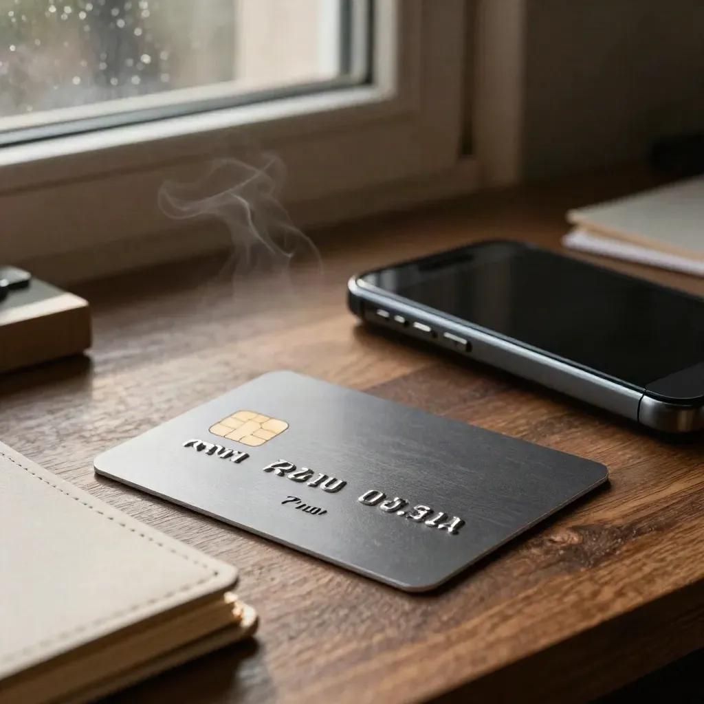 Gros plan sur une carte bancaire, un lecteur et un téléphone près d’un carnet fermé, lumière de pluie.