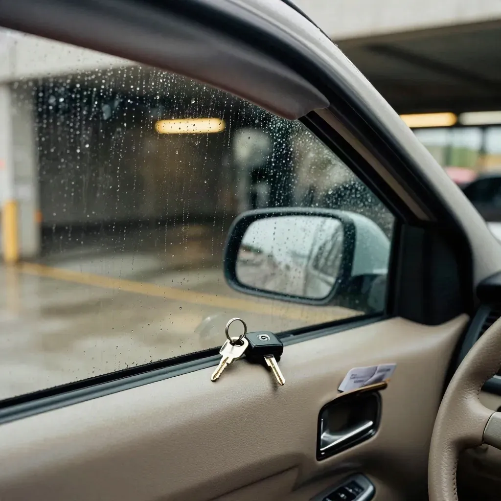 Intérieur d’une voiture garée, clés sur le siège, pluie glissant sur le pare-brise mouillé.