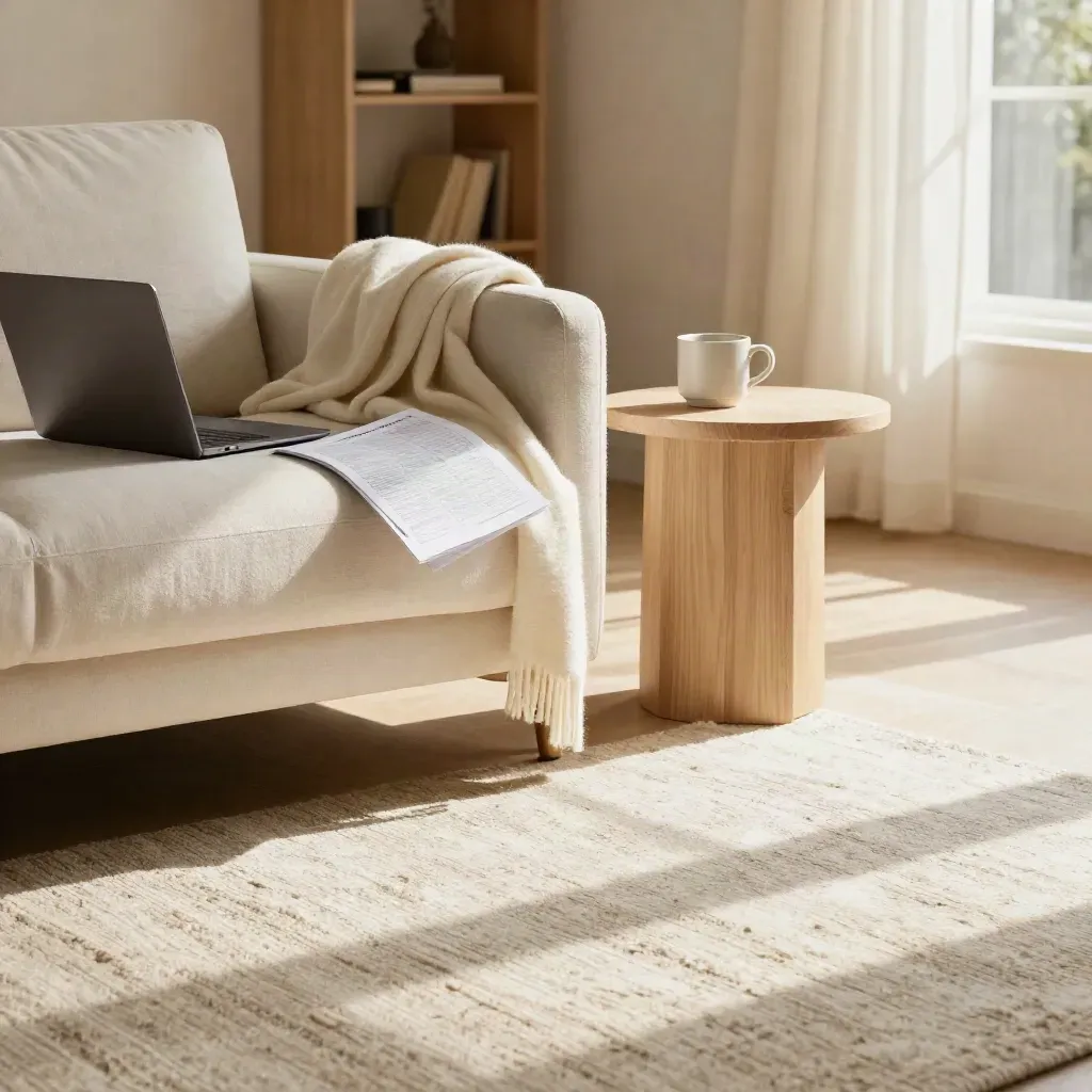 Canapé clair, laptop entrouvert, fiche pliée et tasse dans un salon baigné de lumière chaude.