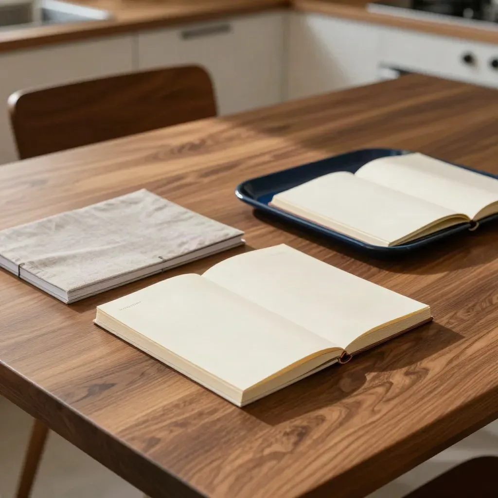 Table de cuisine en noyer, carnet ouvert, fiches de référence et chaise repoussée dans une lumière douce.