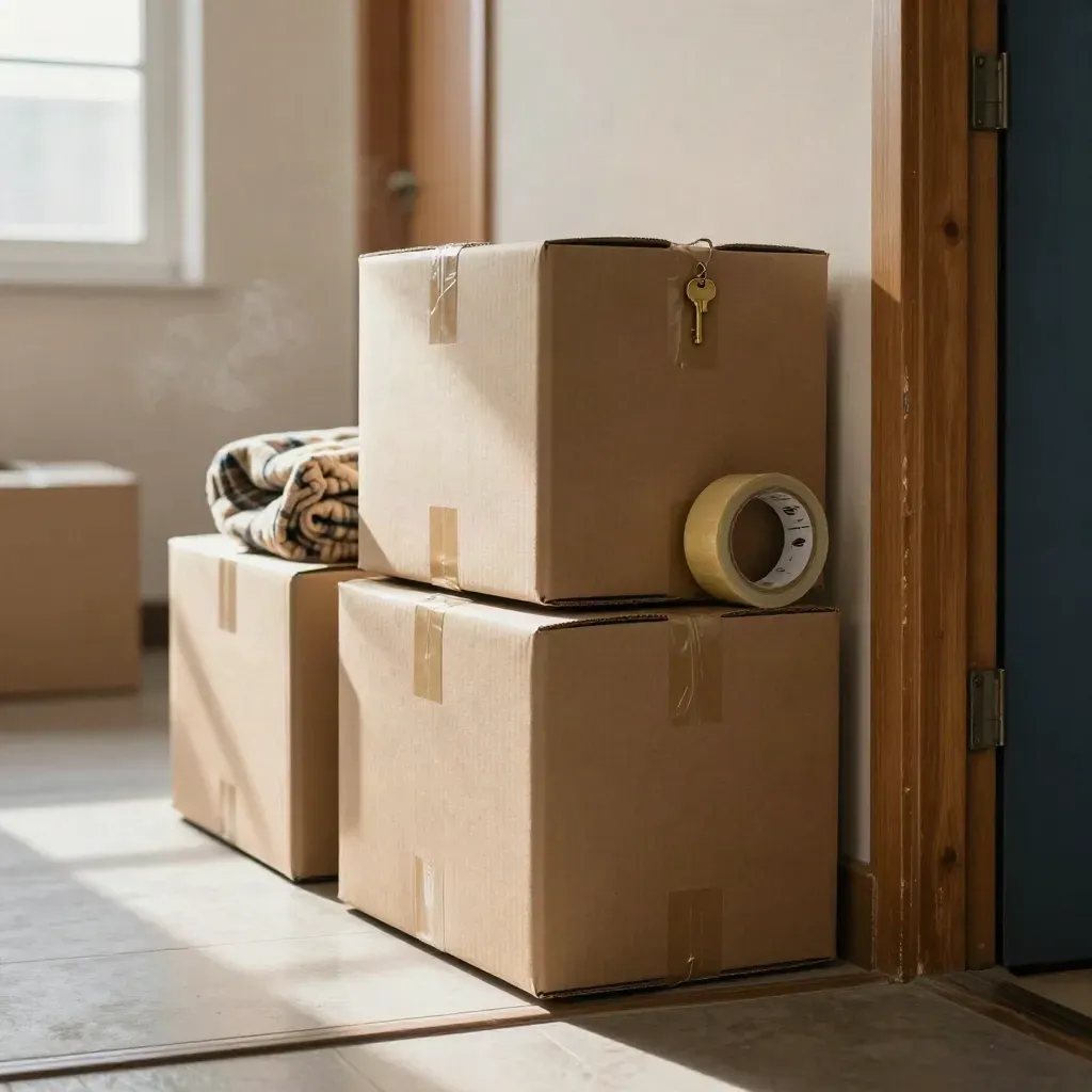 Couloir d’appartement avec cartons de déménagement, ruban, clé et plaid près de la porte.