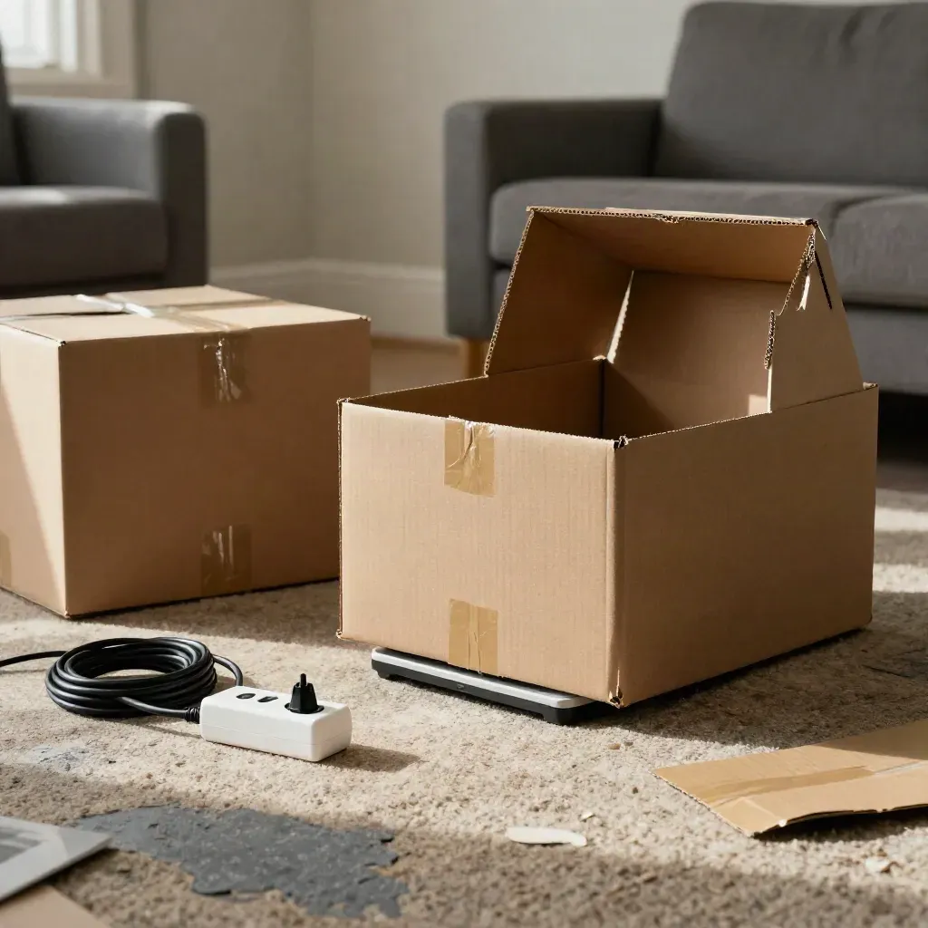 Salon encombré de cartons, multiprise et sac de retour, objet trop grand de travers.