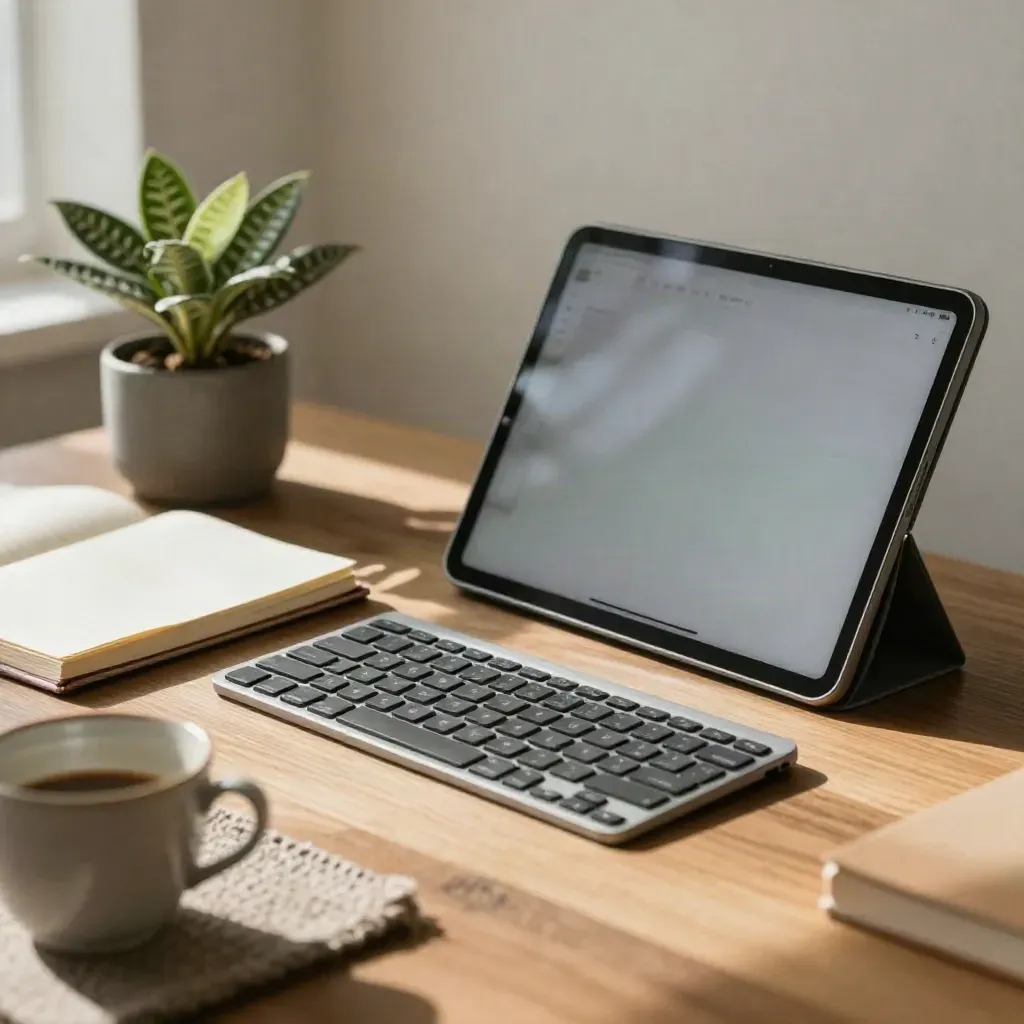 Tablette inclinée, carnet fermé, clavier discret et plante basse sur un bureau cosy.