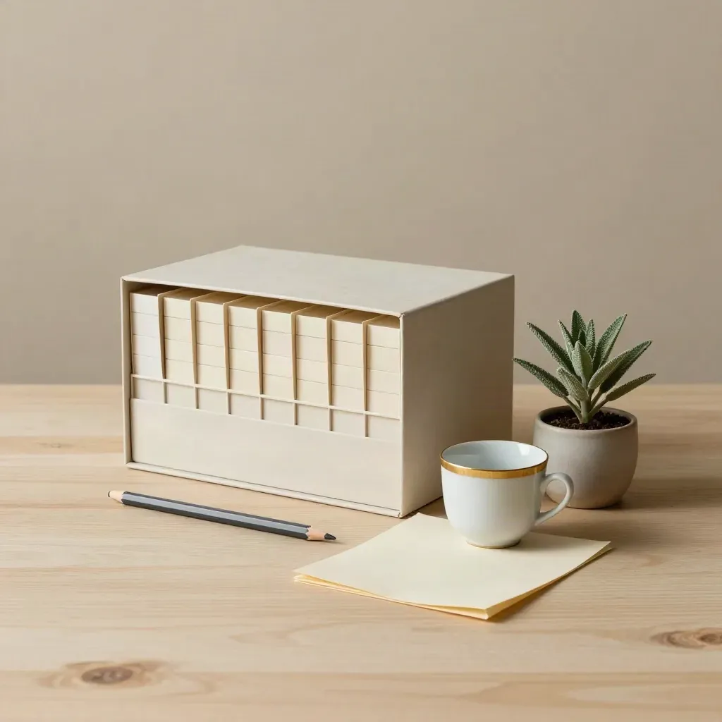 Boîtier d’index, tasse en porcelaine et plante sur bois pâle, lumière douce.