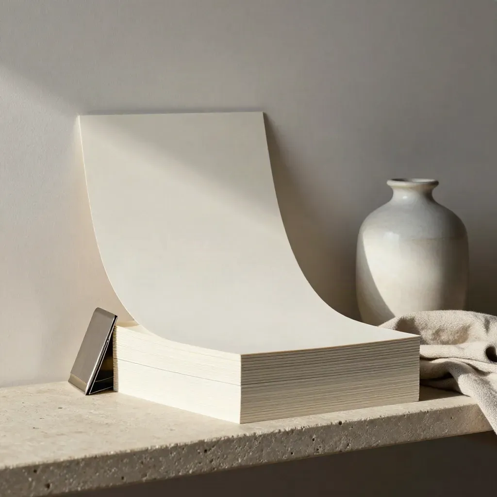 Cartes vierges, pince métal, vase céramique et linge de lin sur étagère en pierre.